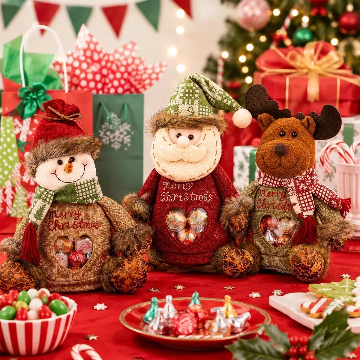 Christmas Character Gift Bags with Zipper – Reindeer, Snowman & Santa